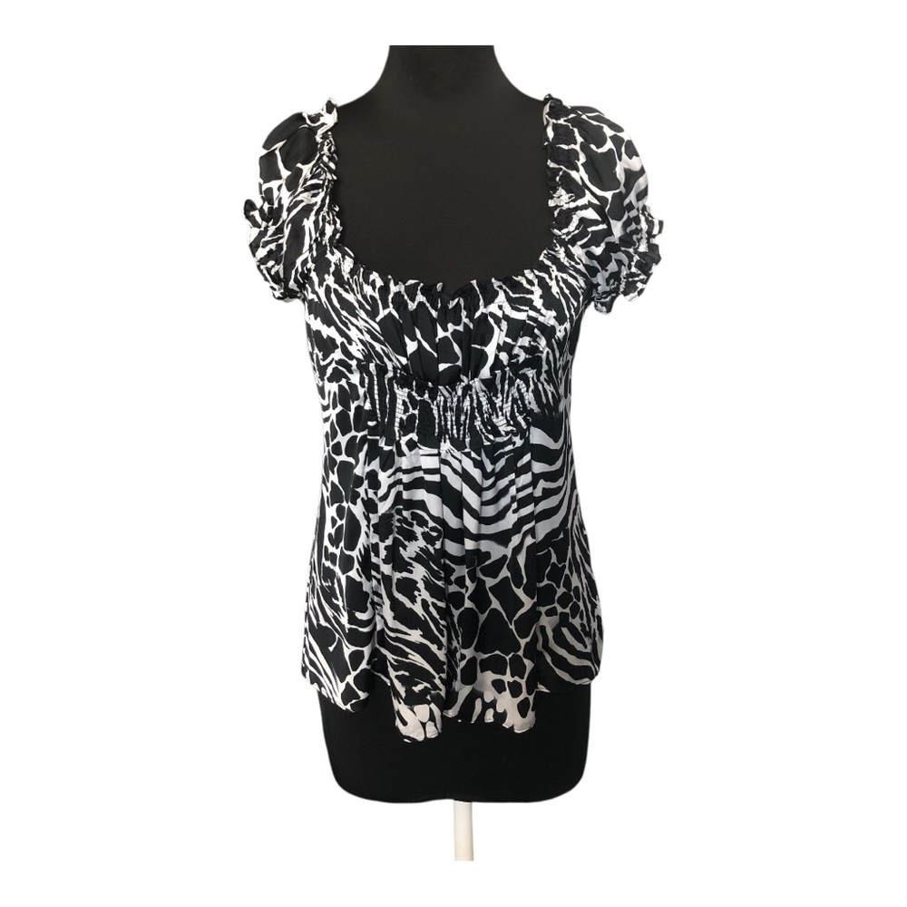 Piano Stylish Black and White Women's Ruffle Top Low Neckline Tie Back Size M